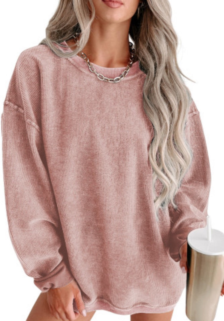 Pink Solid Ribbed Knit Sweatshirt