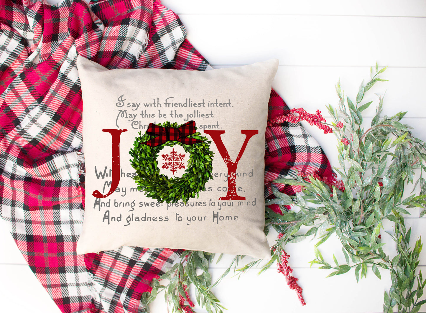Joy Buffalo Wreath Pillow