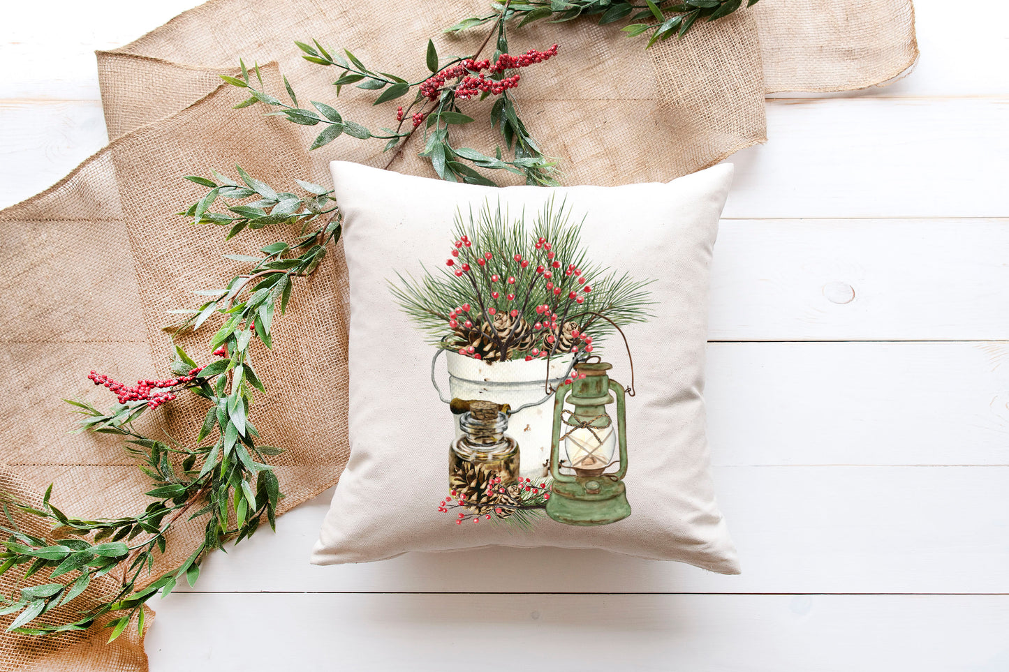 Lantern & Pine Cone Bucket Pillow