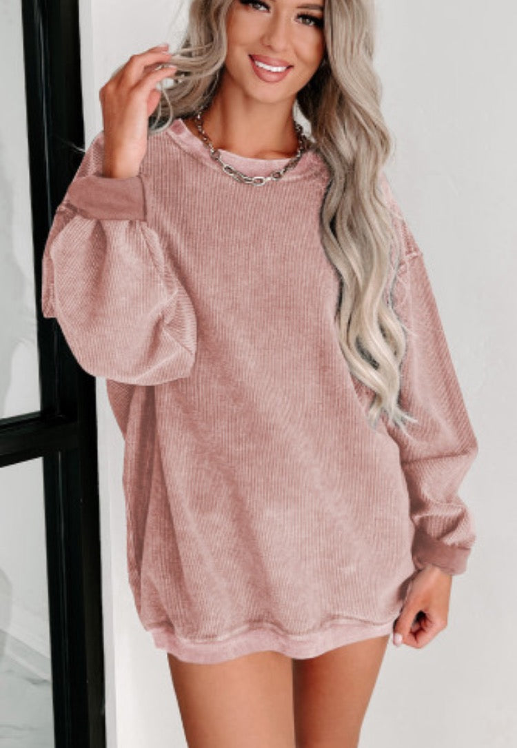 Pink Solid Ribbed Knit Sweatshirt