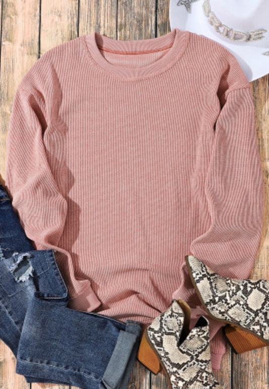 Pink Solid Ribbed Knit Sweatshirt