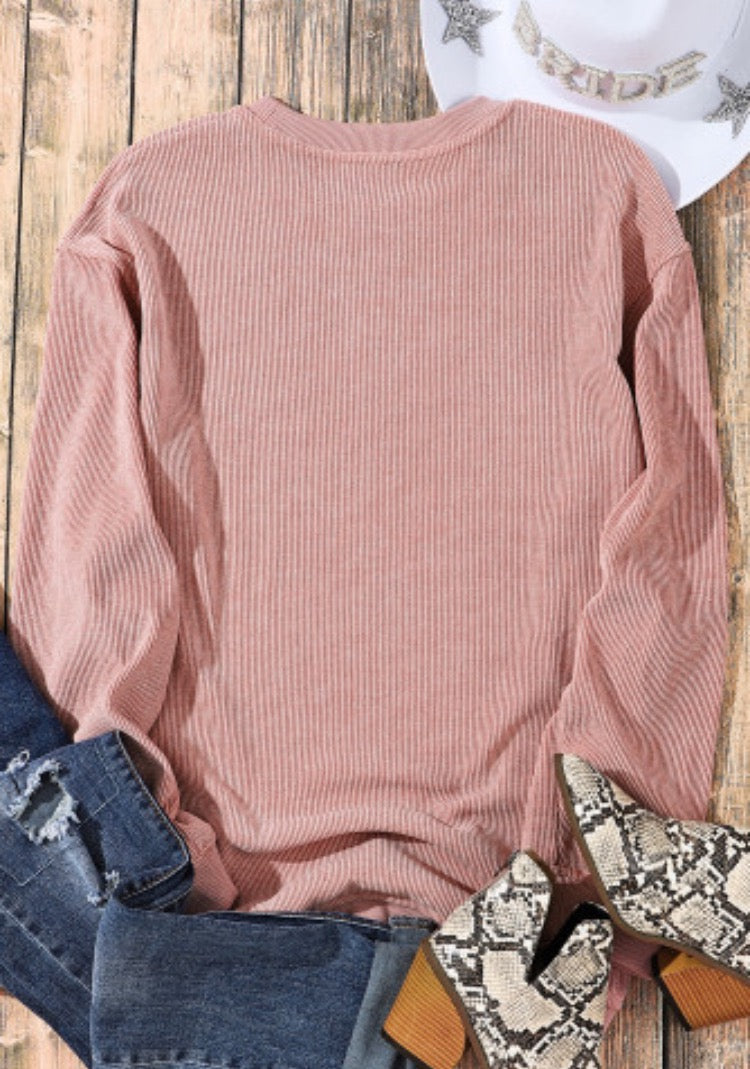 Pink Solid Ribbed Knit Sweatshirt