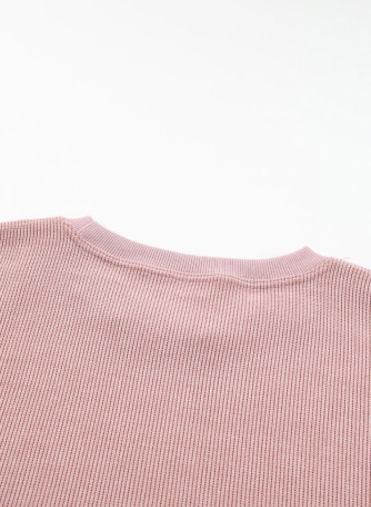 Pink Solid Ribbed Knit Sweatshirt