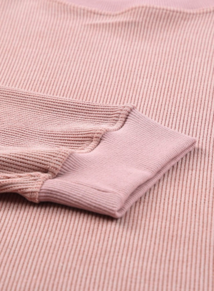 Pink Solid Ribbed Knit Sweatshirt