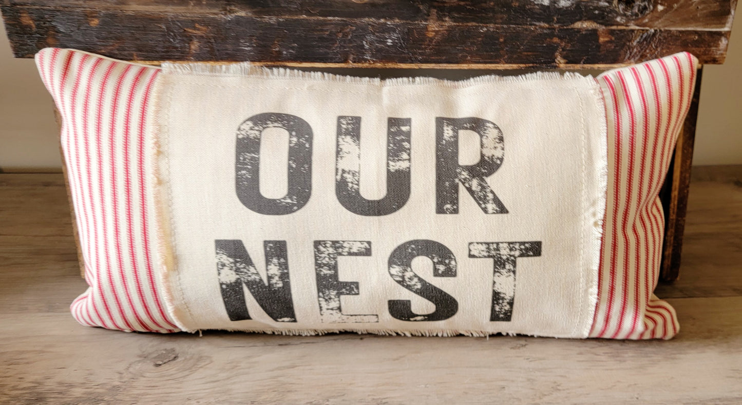 Our Nest Frayed Red Ticking 10x20 Pillow