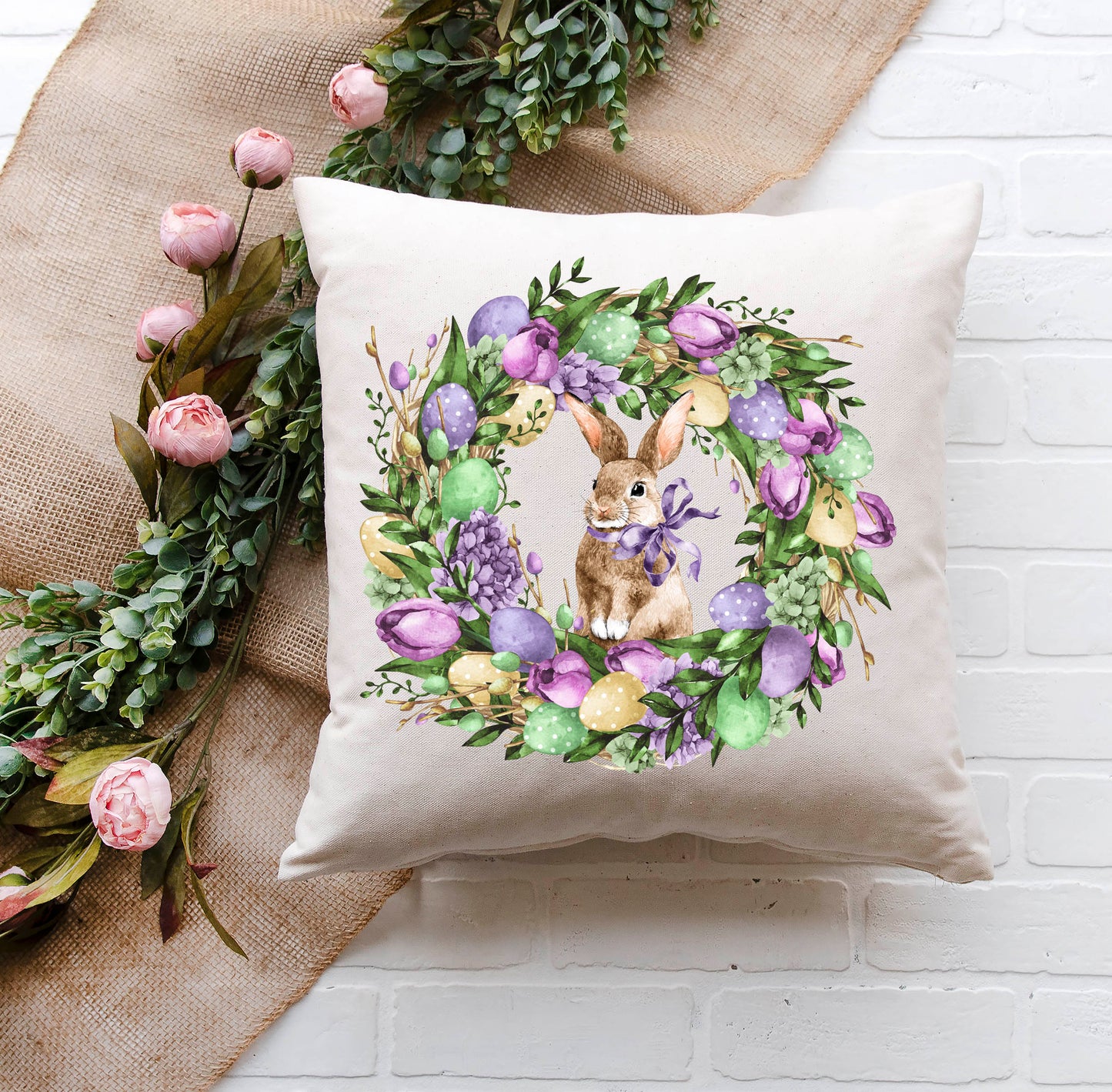 Purple Bunny Wreath Pillow Cover