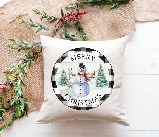 Merry Christmas Snowman Circle Pillow
